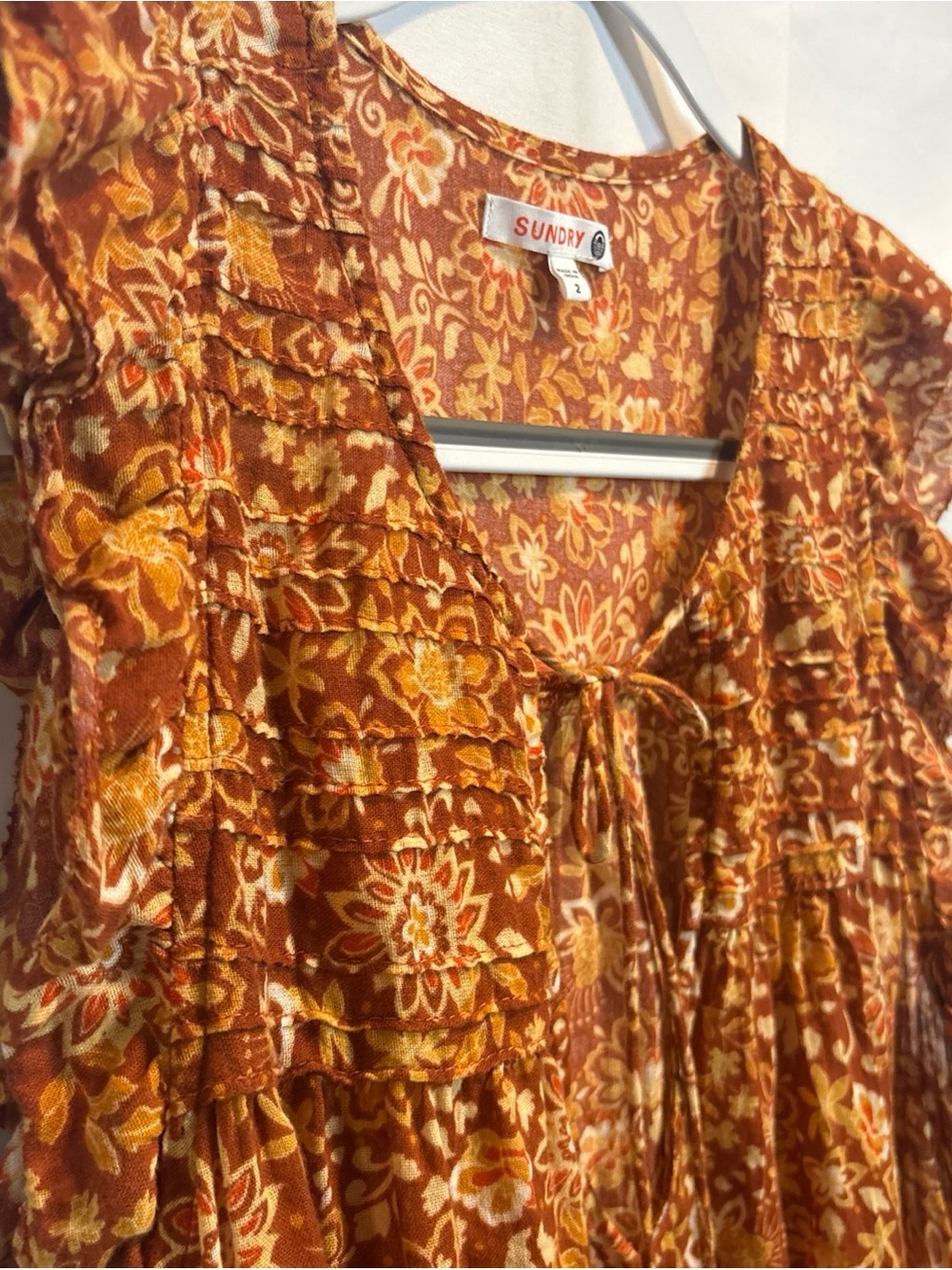 Sundry Rust and Mustard Floral Ruffle Tie-Front Sleeveless Blouse - Picture 5 of 9